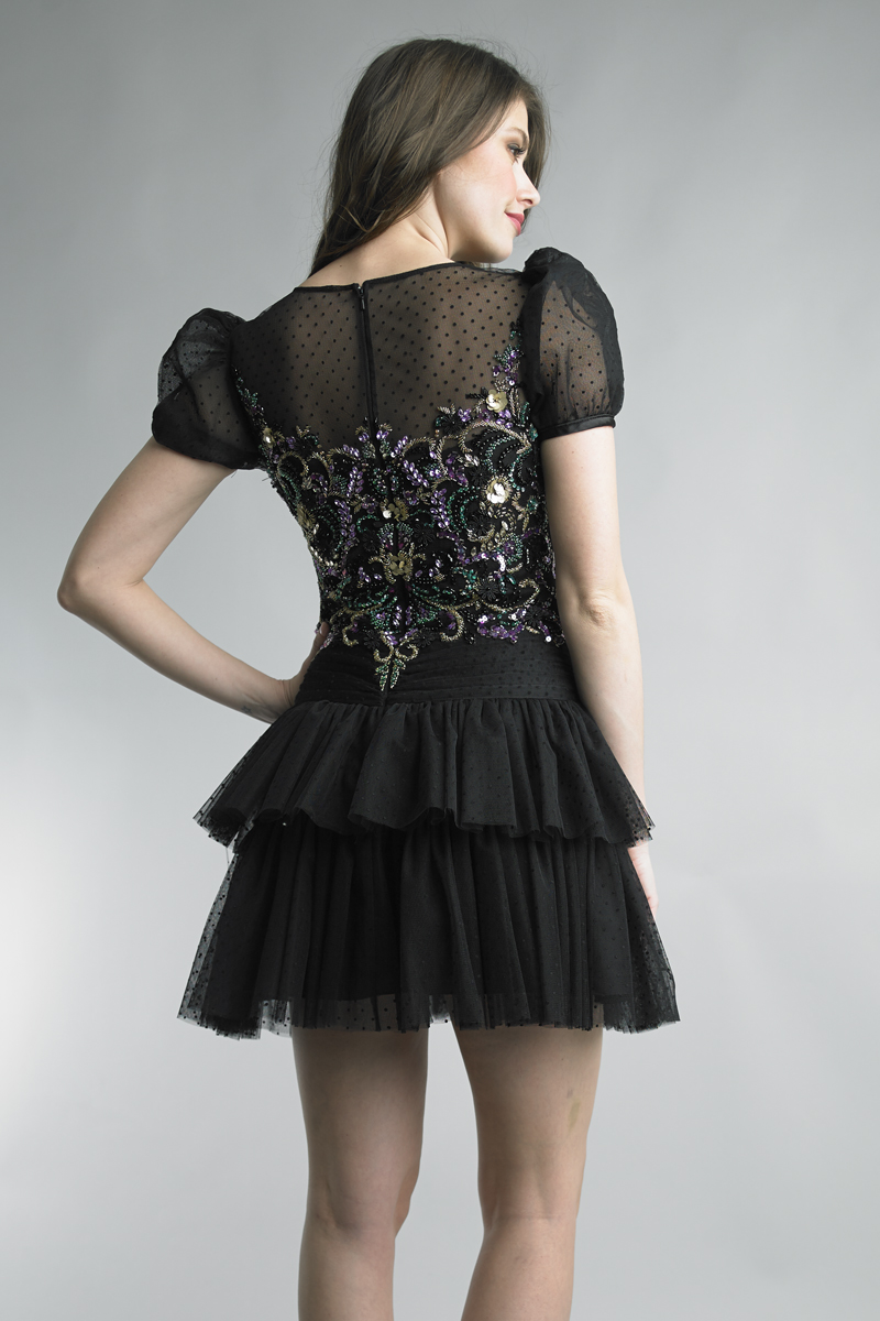 Sequin Embellished Tulle Puff-Sleeve Dress