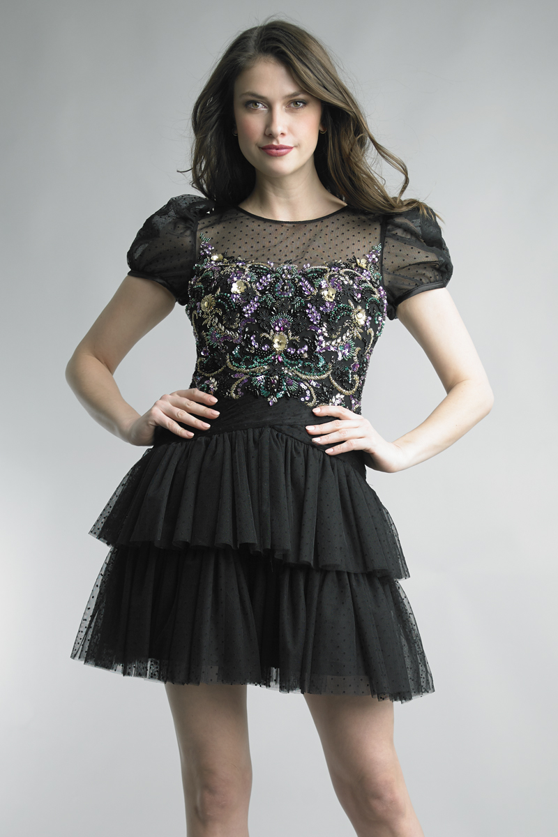 Sequin Embellished Tulle Puff-Sleeve Dress