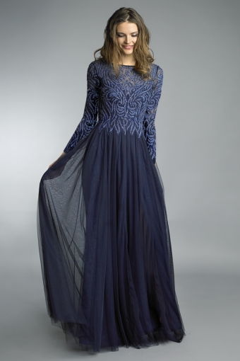 Basix black label long sleeve embroidered beaded gown