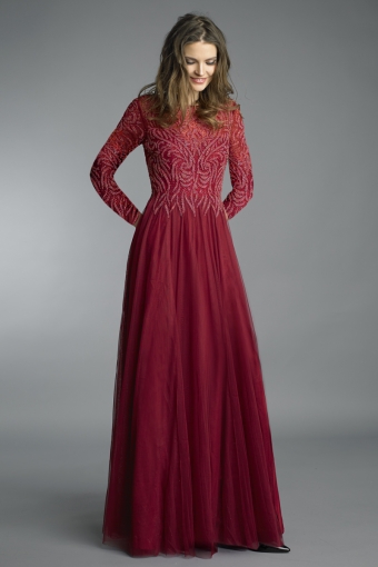 Basix black label long sleeve embroidered beaded gown