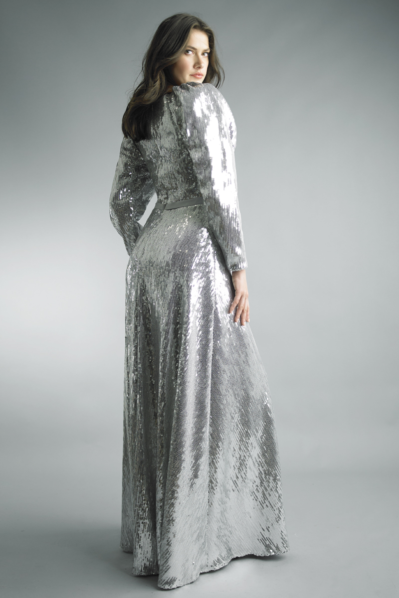 Sequin-Embellished Long Sleeve Wrap Gown