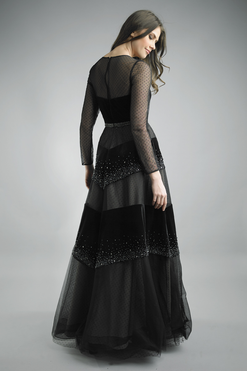 Crystal Illusion Long-Sleeve Gown