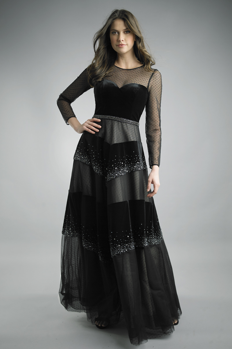 Crystal Illusion Long-Sleeve Gown