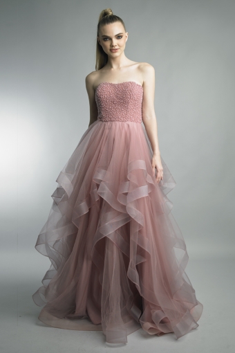 Pearl tiered strapless gown