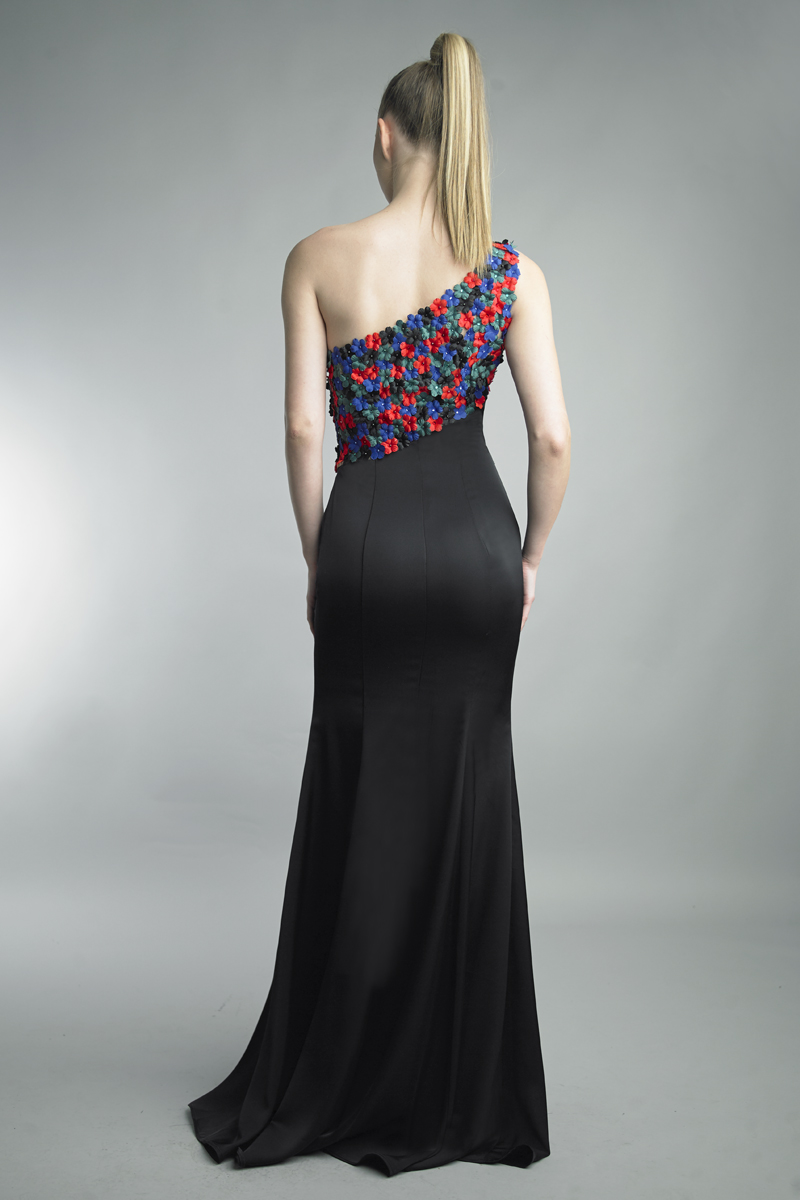 Jewel-Toned Floral One-Shoulder Gown