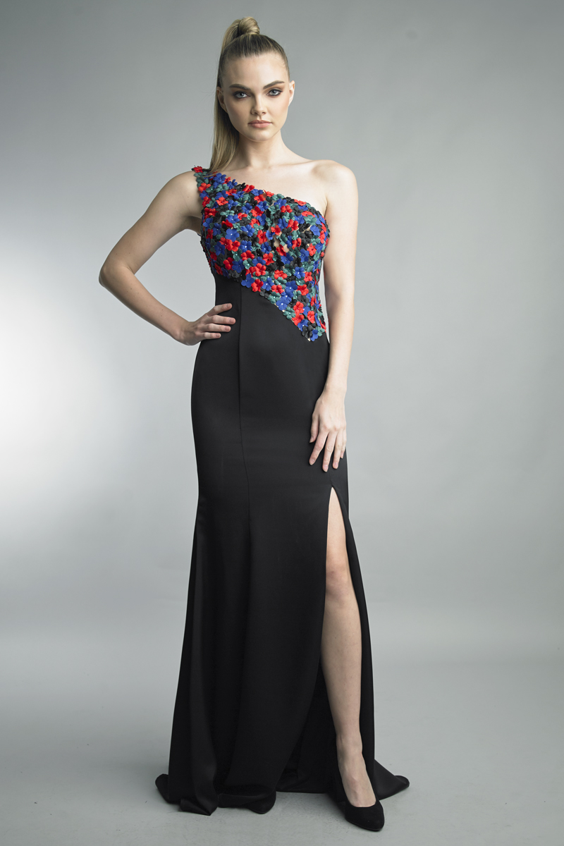 Jewel-Toned Floral One-Shoulder Gown