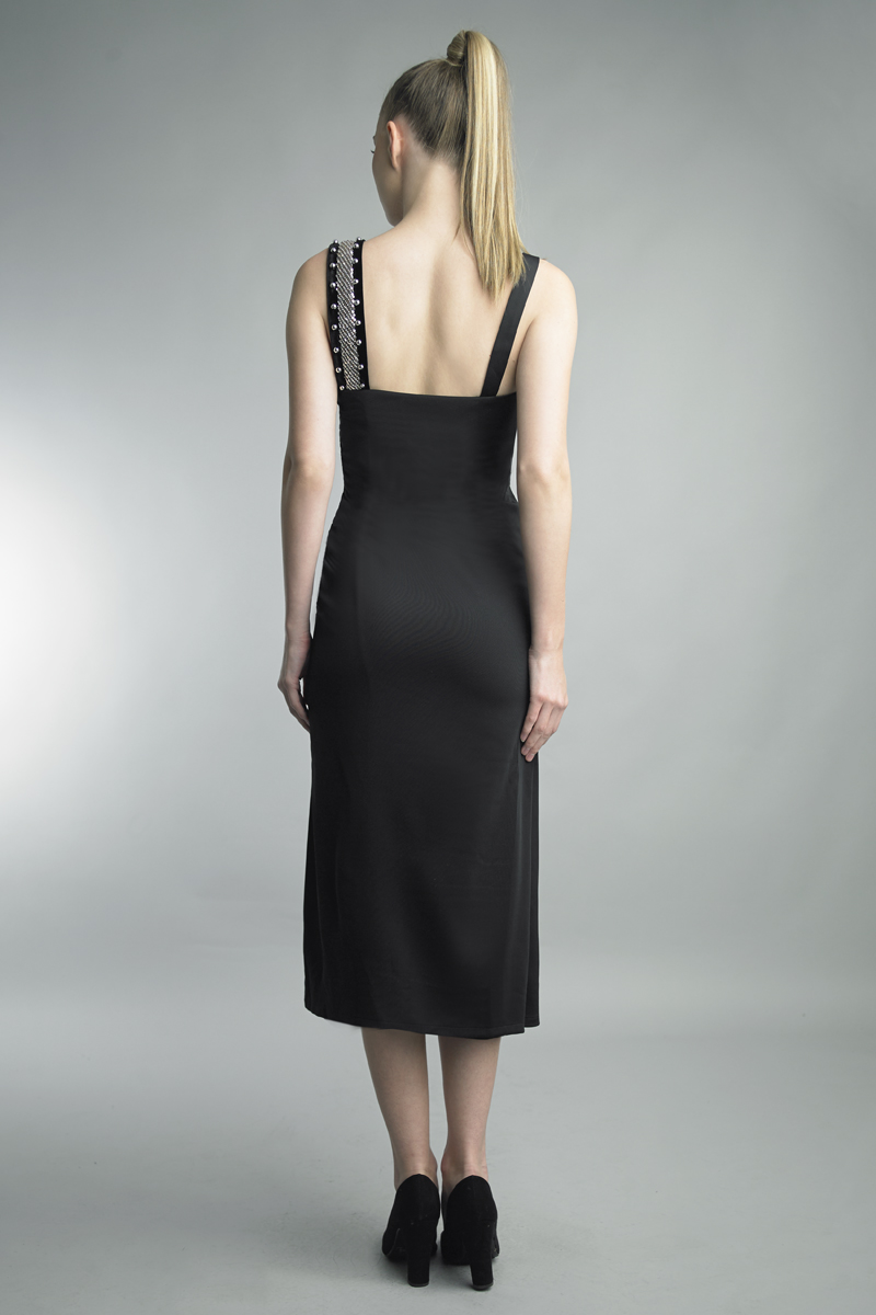 Crystal-Trim One-Shoulder Midi Dress