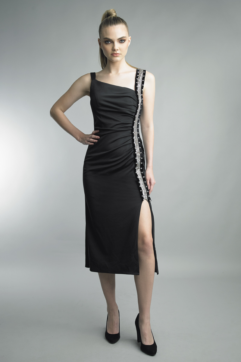 Crystal-Trim One-Shoulder Midi Dress