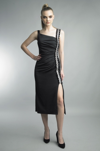 Crystal-Trim One-Shoulder Midi Dress