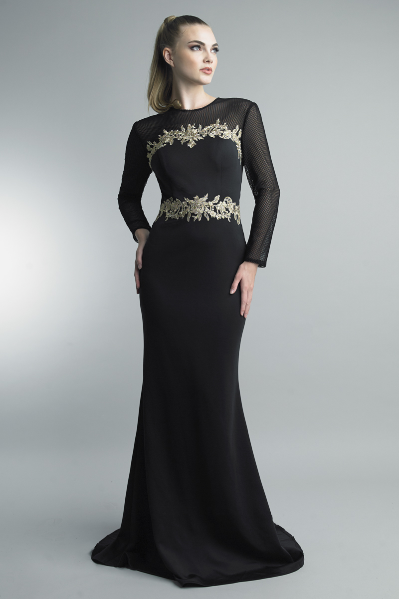Gold-Embroidered Mermaid Evening Gown