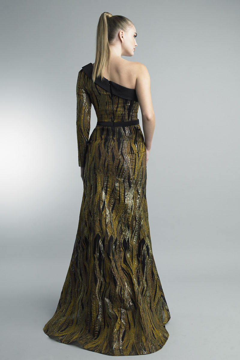 One shoulder 1 sleeve evening gown