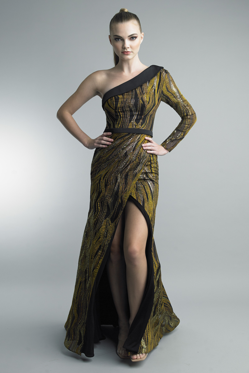 One shoulder 1 sleeve evening gown