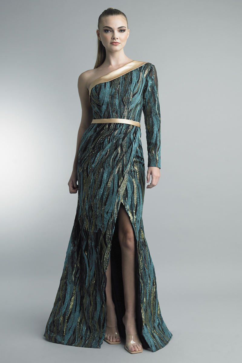 One shoulder 1 sleeve evening gown