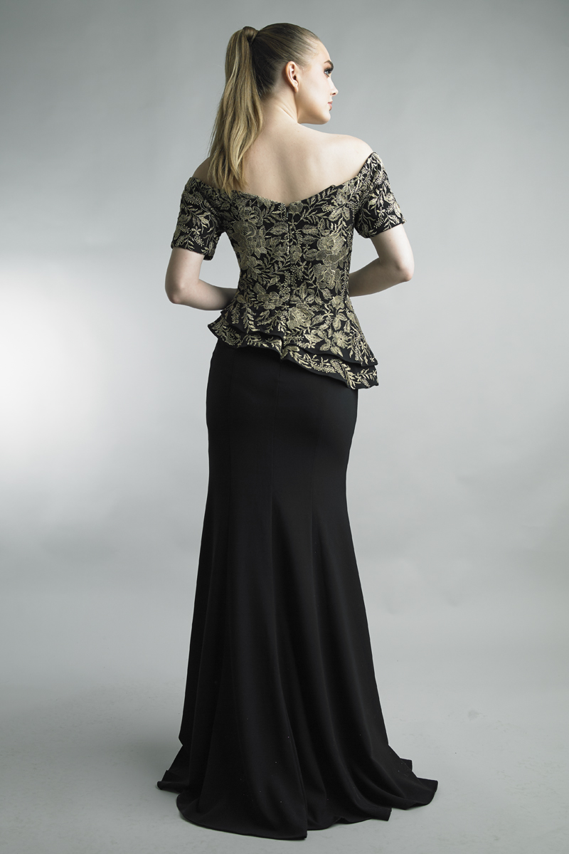 Embroidered Peplum Off-Shoulder Gown