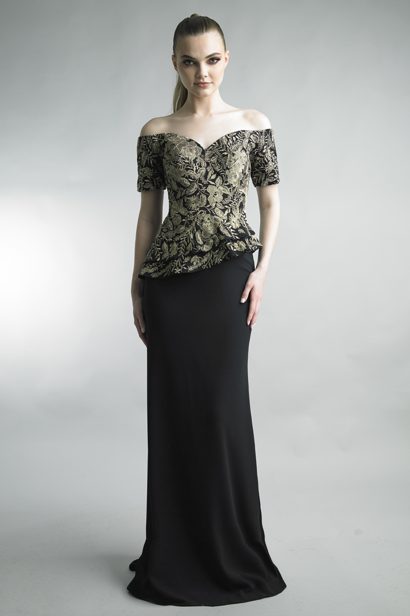 Embroidered Peplum Off-Shoulder Gown