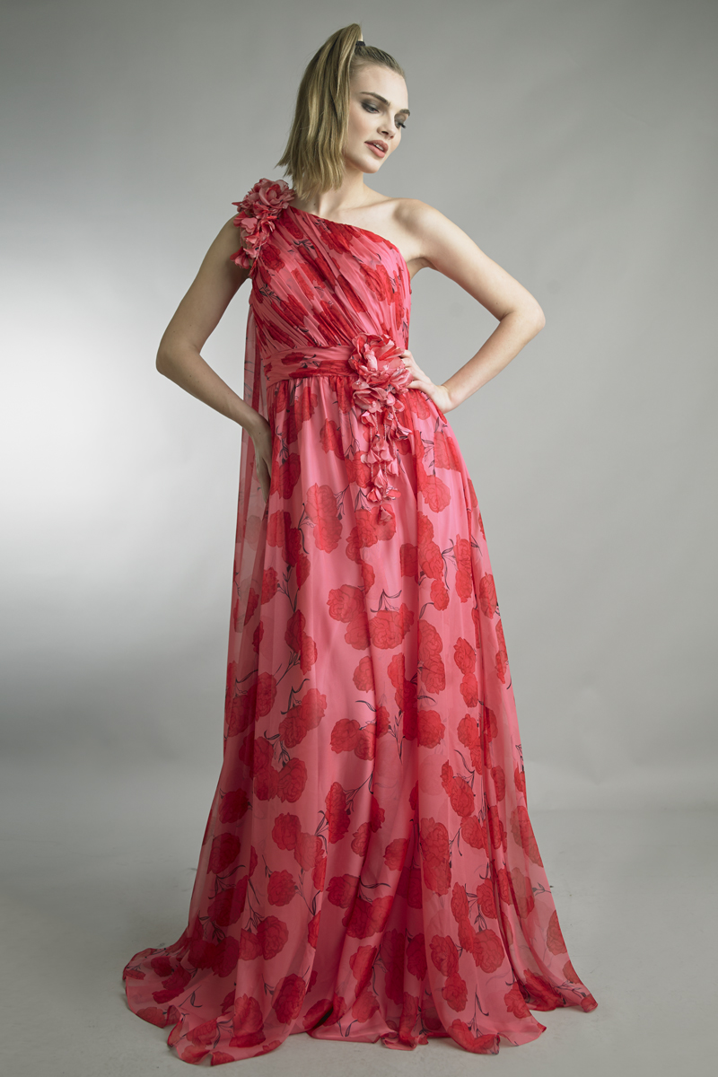 Floral One-Shoulder Draped Gown