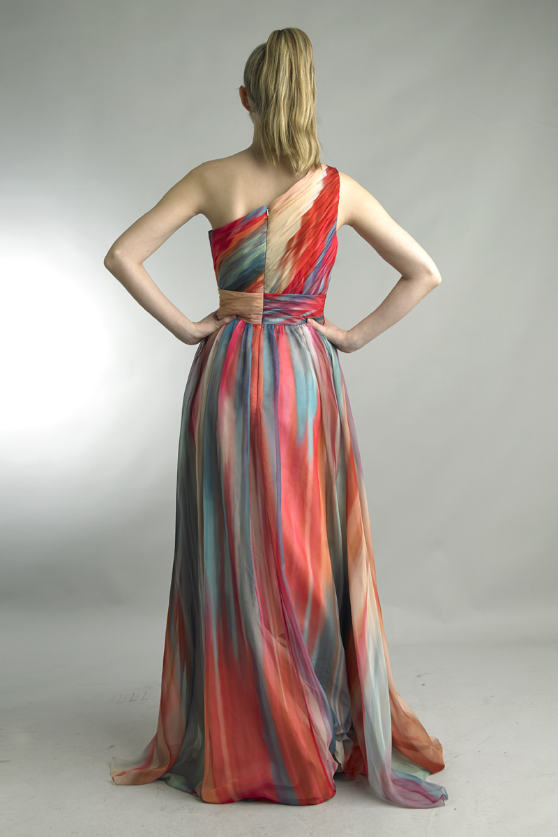 Watercolor One-Shoulder Pleated Gown