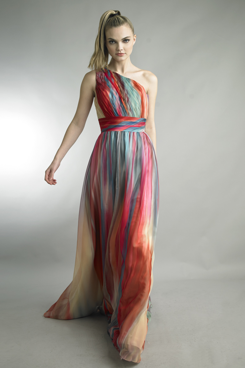 Watercolor One-Shoulder Pleated Gown