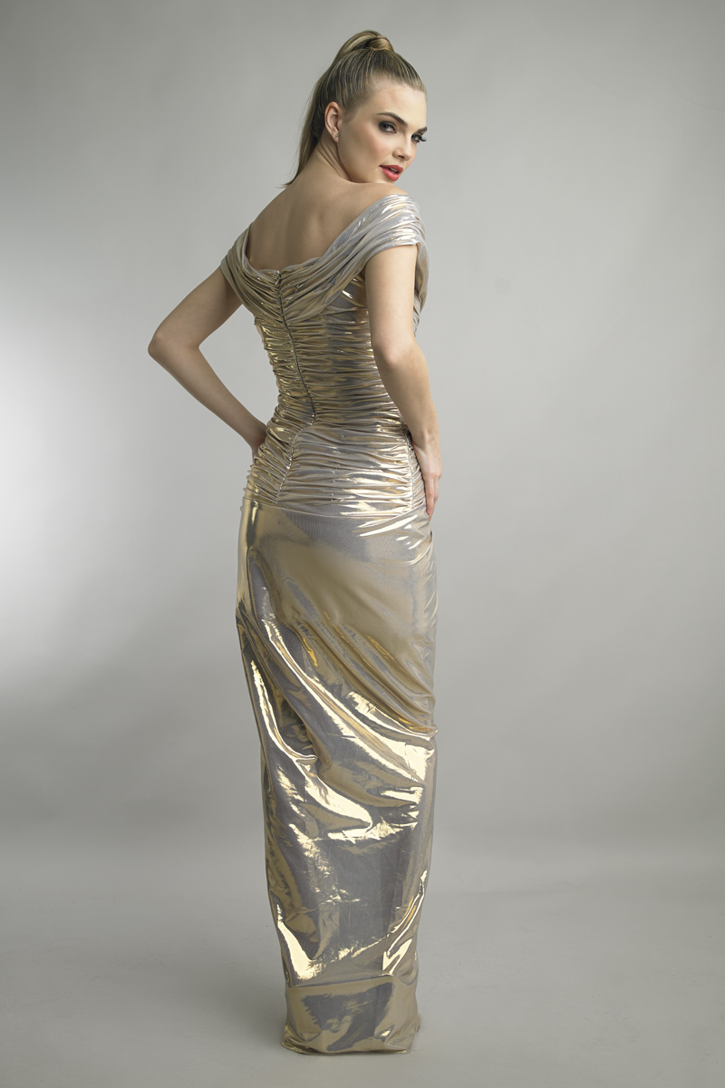 Metallic Off-Shoulder Draped Midi Dress