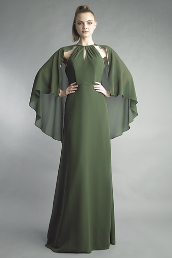 Embellished Cape Crepe Evening Gown