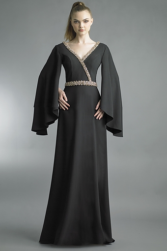 Crystal-Trimmed Cape Sleeve Gown