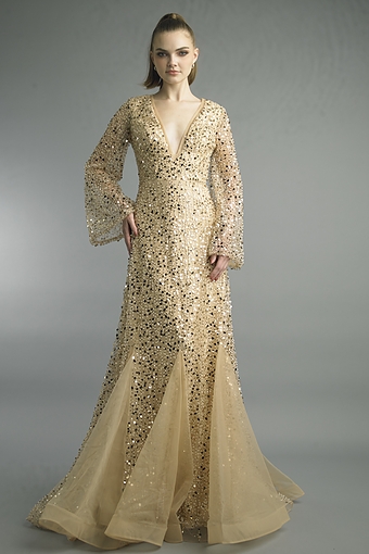 Sequined Mermaid Gown with Bell Sleeves