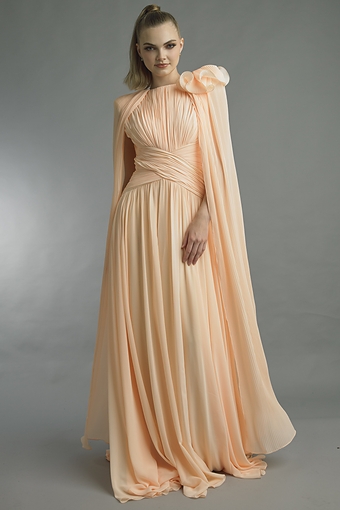 Pleated Chiffon Cape Gown