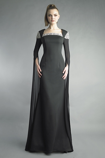 Crystal-Trimmed Cape Sleeve Evening Gown
