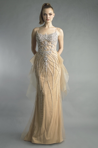 Crystal-Embellished Champagne Evening Gown