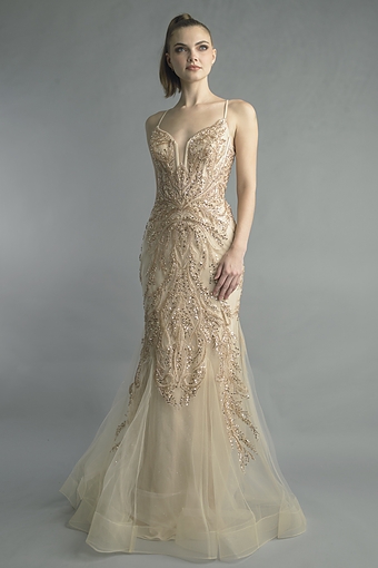 Beaded Plunge Mermaid Evening Gown
