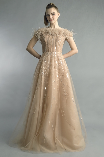 Feathered Sequin Tulle Ballgown