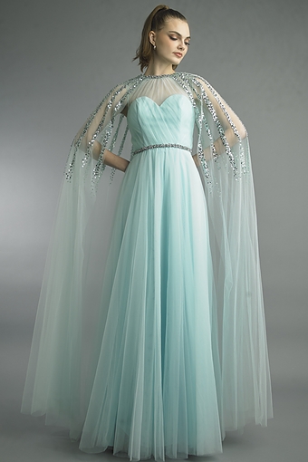 Crystal Beaded Tulle Cape Gown
