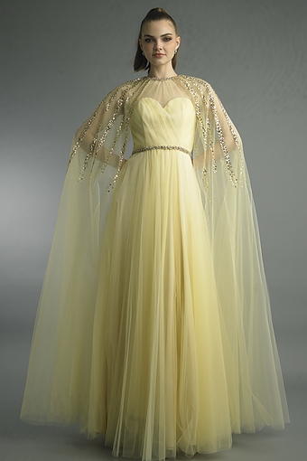 Crystal Beaded Tulle Cape Gown