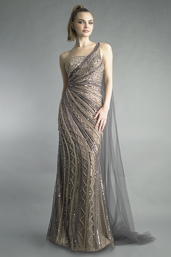 Beaded One-Shoulder Column Gown