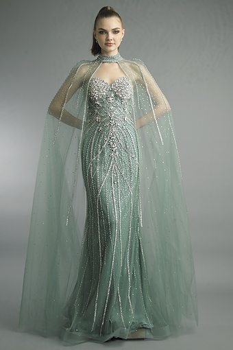 Crystal Beaded Sweetheart Gown with Cape