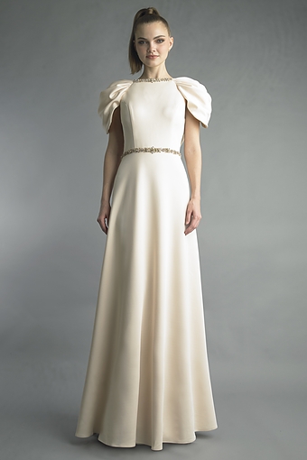 Crystal-Trimmed Puff Sleeve Gown