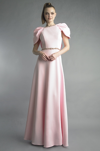 Crystal-Trimmed Puff Sleeve Gown