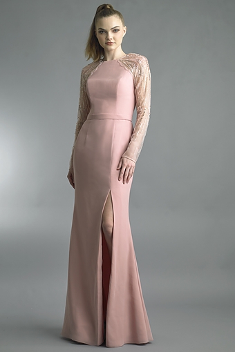 Beaded Illusion Sleeve Column Gown