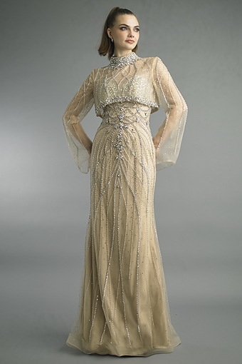 Beaded High-Neck Gown with Flutter Sleeves