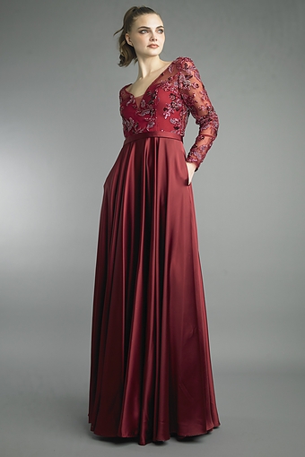 Beaded Long-Sleeve V-Neck Gown