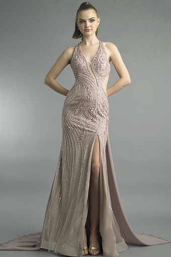 Beaded Halter Plunge Mermaid Gown
