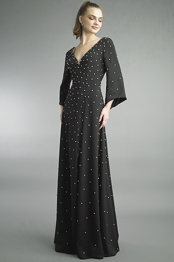 Pearl-Studded V-Neck Evening Gown