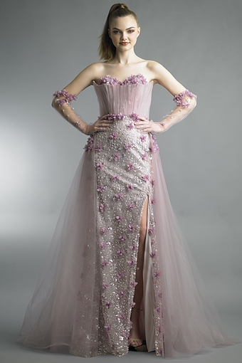 Floral Sequin Strapless Gown with Tulle Train