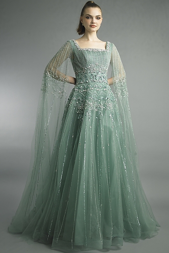 Square Neck Cape Ball Gown