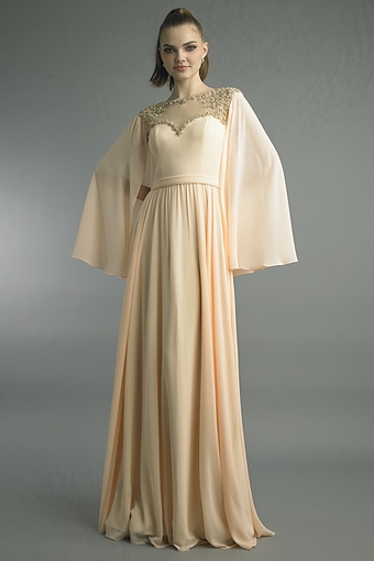Beaded Illusion Cape Flowing Gown