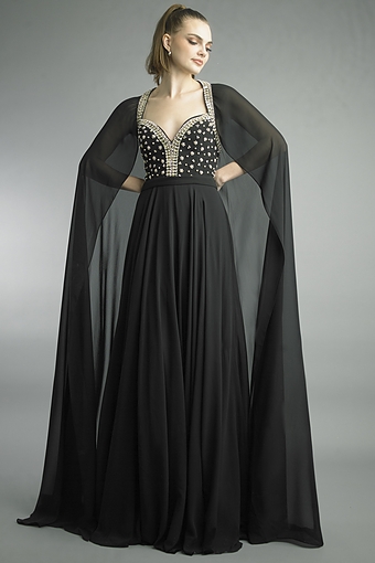 Crystal-Embellished Cape Sweetheart Gown