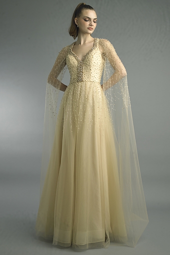 Pearl Embellished Cape Gown