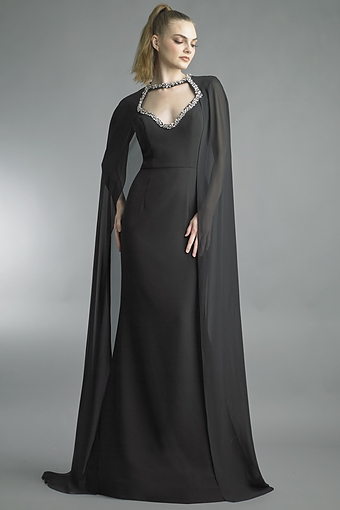 Crystal-Trimmed Cape Evening Gown