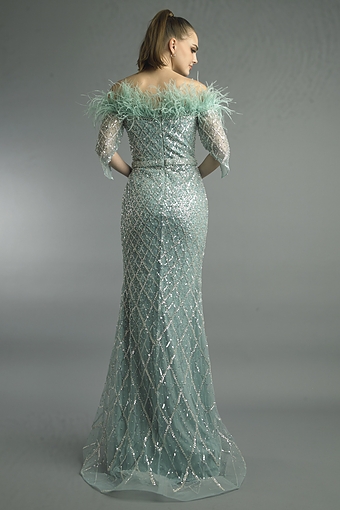 Feathered Crystal Lattice Mermaid Gown