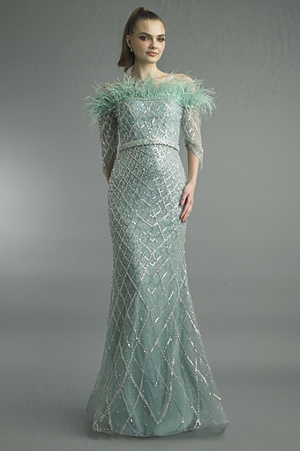 Feathered Crystal Lattice Mermaid Gown